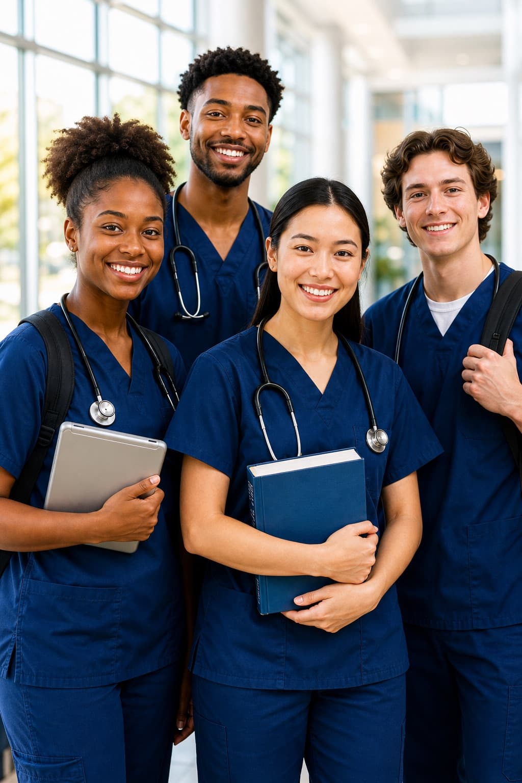 Four smiling nursing students in navy scrubs with stethoscopes, holding a nursing textbook and a tablet